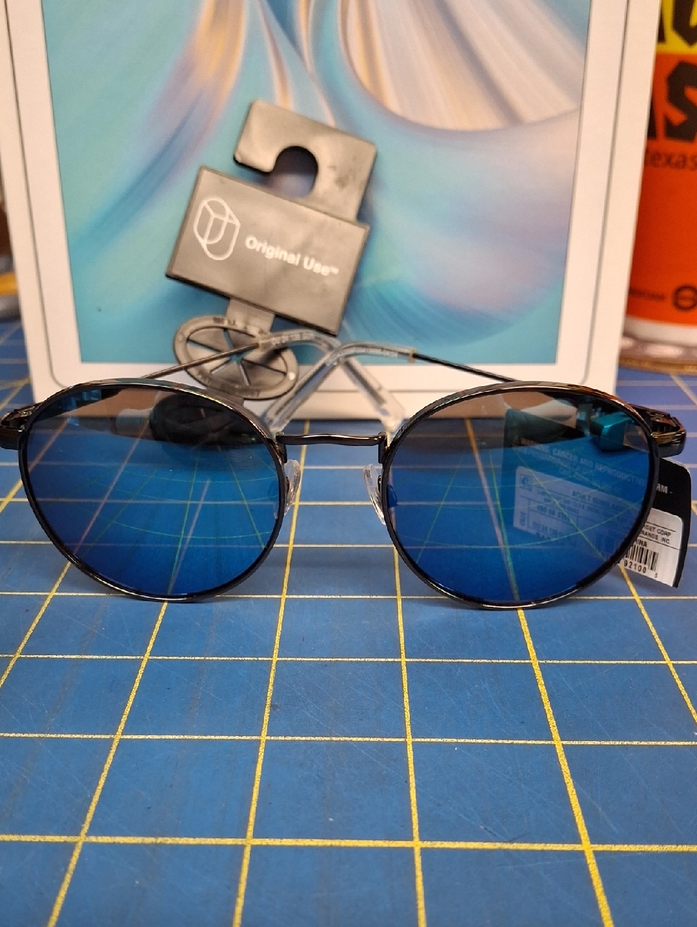 Original Use Round Sunglasses Blue Lenses Black Frame NWT